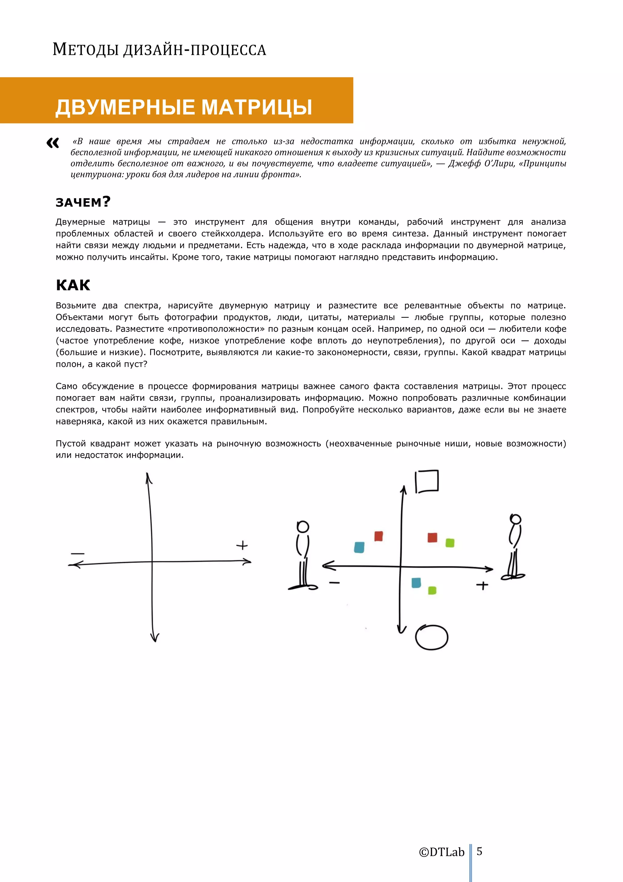 МЕТОДЫ ДИЗАЙН-ПРОЦЕССА


ДВУМЕРНЫЕ МАТРИЦЫ
   «В наше время мы страдаем не столько из-за недостатка информации, сколько от избытка ненужной,
   бесполезной информации, не имеющей никакого отношения к выходу из кризисных ситуаций. Найдите возможности
   отделить бесполезное от важного, и вы почувствуете, что владеете ситуацией», — Джефф О’Лири, «Принципы
   центуриона: уроки боя для лидеров на линии фронта».


ЗАЧЕМ?
Двумерные матрицы — это инструмент для общения внутри команды, рабочий инструмент для анализа
проблемных областей и своего стейкхолдера. Используйте его во время синтеза. Данный инструмент помогает
найти связи между людьми и предметами. Есть надежда, что в ходе расклада информации по двумерной матрице,
можно получить инсайты. Кроме того, такие матрицы помогают наглядно представить информацию.


КАК
Возьмите два спектра, нарисуйте двумерную матрицу и разместите все релевантные объекты по матрице.
Объектами могут быть фотографии продуктов, люди, цитаты, материалы — любые группы, которые полезно
исследовать. Разместите «противоположности» по разным концам осей. Например, по одной оси — любители кофе
(частое употребление кофе, низкое употребление кофе вплоть до неупотребления), по другой оси — доходы
(большие и низкие). Посмотрите, выявляются ли какие-то закономерности, связи, группы. Какой квадрат матрицы
полон, а какой пуст?

Само обсуждение в процессе формирования матрицы важнее самого факта составления матрицы. Этот процесс
помогает вам найти связи, группы, проанализировать информацию. Можно попробовать различные комбинации
спектров, чтобы найти наиболее информативный вид. Попробуйте несколько вариантов, даже если вы не знаете
наверняка, какой из них окажется правильным.

Пустой квадрант может указать на рыночную возможность (неохваченные рыночные ниши, новые возможности)
или недостаток информации.




                                                                            ©DTLab 5
 