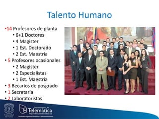 Talento Humano
•14 Profesores de planta
• 6+1 Doctores
• 4 Magister
• 1 Est. Doctorado
• 2 Est. Maestría
• 5 Profesores ocasionales
• 2 Magister
• 2 Especialistas
• 1 Est. Maestría
• 3 Becarios de posgrado
• 1 Secretaria
• 2 Laboratoristas
 