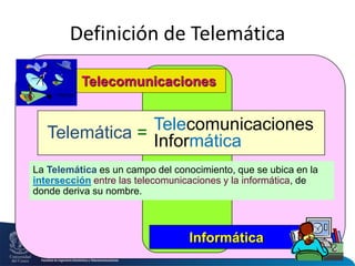 Departamento de Telemática 7
Definición de Telemática
Telecomunicaciones
Informática
Telemática = Telecomunicaciones
Informática
La Telemática es un campo del conocimiento, que se ubica en la
intersección entre las telecomunicaciones y la informática, de
donde deriva su nombre.
 