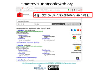 timetravel.mementoweb.org
http://timetravel.mementoweb.org/list/20140525002314/http://www.bbc.co.uk/
e.g., bbc.co.uk in six different archives…