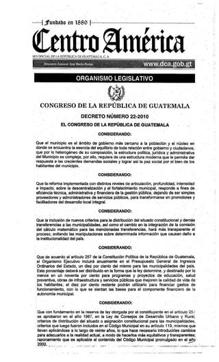 DECRETO 22-2010 REFORMAS AL DTO. 12-2002 DEL CONG. DE LA REP. CÓDIGO MUNICIPAL