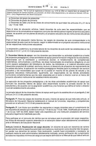 t
DECRETO NlIMERO 4 O'":..~~ 2016 HOJA No. 3
Continuación "Por el cual se reglamenta el Decreto 1278 2002 en materia tipos de empleos del
, de Carrera Docente y su provisión, se dictan otras disposiciones y se adiciona el Decreto 1075 de
2015 Unico Reglamentario del Sector
b) Docentes de grado de primaria
c) Docentes cada una de las áreas de conocimiento de que tratan los artículos y 31 de la
Ley 115 de 1994
Para área de educación artística, habrá docentes de aula para las especialidades que se
determinen en convocatoria al respectivo concurso de méritos para el ingreso al servicio educativo
estatal, de acuerdo con los planes de estudio y el proyecto educativo de las instituciones educativas
oficiales.
Para el nivel de educación media técnica, los cargos de docentes de corresponderán a la
especialidad este nivel de formación, según lo determinado en el proyecto educativo institucional
de las respectivas instituciones educativas.
La asignación G¡::;adémica y la jornada laboral de los docentes de aula serán las establecidas en los
artículos 2.4.3.2.1 y 2.4. del decreto.
2. Docentes líderes de apoyo: son los docentes que desarrollan su actividad académica a través
de proyectos pedagógicos y otras actividades de apoyo para la formación integral de los estudiantes,
relacionadas con la orientación y convivencia escolar; el fortalecimiento de competencias
matemáticas, comunicativas y científicas; las áreas transversales de enseñanza obligatoria; uso
como espacio pedagógico del bibliobanco de textos, las bibliotecas y el material educativo para
desarrollar proyectos de oralidad, escritura y lectura; el desarrollo de proyectos de mejoramiento de
la calidad educativa; la aplicación de modelos pedagógicos flexibles para la prestación del servicio
educativo; y las necesidades que surjan de puesta en marcha de los planes de estudio y los
proyectos educativos institucionales. Igualmente, son responsables de las demás actividades
curriculares complementarias que les sean asignadas por el rector o director rural en marco del
proyecto educativo institucional del establecimiento educativo.
La ejecución de los proyectos pedagógicos y de las otras actividades académicas de apoyo que
formulen los docentes líderes de apoyo desarrollada durante la jornada escolar de los
estudiantes y de acuerdo con la asignación académica y los horarios que defina el rector o director
rural del establecimiento educativo.
jornada laboral de los docentes líderes de apoyo igual a la establecida en el parágrafo 2 del
artículo 2.4.3.3.3 del presente decreto.
Parágrafo 1°. Para los cargos de docentes de aula y líderes de apoyo de que trata artículo,
Ministerio de Educación Nacional establecerá el manual de funciones, requisitos y competencias
previsto en el artículo 2.4.6.3.8 del presente decreto.
Parágrafo 2°. Los títulos que acrediten los aspirantes a cargos docentes para el cumplimiento de
los requisitos de estudio que ordena el artículo 116 la Ley 115 de 1994, modificado por el artículo
1 de la Ley 1297 de 2009, deben haber sido expedidos por una institución prestadora del servicio
educativo legalmente habilitada para ello.
Para participar en el concurso de méritos que se convoque para la provisión del cargo respectivo,
los títulos de educación superior obtenidos en el extranjero deben estar debidamente convalidados
ante el Ministerio de Educación Nacional.
Artículo 2.4.6.3.4. Reubicación de cargo docente. Un docente de aula con derechos de carrera
puede solicitar ante la respectiva autoridad nominadora su reubicación como docente líder de apoyo,
sin perder sus derechos carrera. Esta reubicación, cuando fuere procedente y necesaria, se
media:1te acto administrativo debidamente motivado, previa verificación del cumplimiento
de todos los requisitos mínimos del cargo al cual aspira de'finidos en el Manual de que trata el artículo
 
