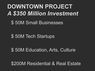 DOWNTOWN PROJECT
A $350 Million Investment
 $ 50M Small Businesses

 $ 50M Tech Startups

 $ 50M Education, Arts, Culture

 $200M Residential & Real Estate
 