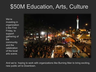 $50M Education, Arts, Culture
We’re
investing in
organization
s like First
Friday, to
support
gathering of
the
community
and the
celebration
of the local
arts scene.


And we’re hoping to work with organizations like Burning Man to bring exciting,
new public art to Downtown.
 
