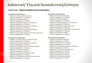 Corel DRAW Περιγραφή
Το Corel DRAW είναι ένα πρόγραμμα σχεδίασης και σελιδοποίησης. Οι νέες
δυνατότητες του Corel Draw και τα επιπρόσθετα προγράμματά του, ξεπέρασαν κάθε
προσδοκία, και άνοιξαν άλλους ορίζοντες στα σύνθετα προγράμματα σχεδιασμού και
σελιδοποίησης.
Corel Draw® στο χώρο εργασίας.
Στον σημερινό χώρο εργασίας, είναι σημαντικό οι εργαζόμενοι να έχουν την ικανότητα
να χρησιμοποιούν την τεχνολογία αποδοτικά και αποτελεσματικά. Οι εργοδότες
επιθυμούν οι υποψήφιοι να έχουν Γνώσεις και δεξιότητες για να προσληφθούν, όπου
εφόσον έχουν και τα κατάλληλα εφόδια μπορούν να ανελιχτούν γρηγορότερα.
11
 