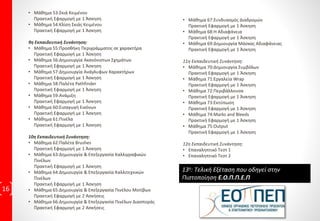 5η Εκπαιδευτική Συνάντηση:
• Μάθημα 26:Εργαλεία Σταγονόμετρο & Γεμίσματος
Πρακτική Εφαρμογή με 7 Ασκήσεις
• Μάθημα 27:Ανάμιξη χρωμάτων γεμίσματος μεταξύ αντικειμένων
Πρακτική Εφαρμογή με 4 Ασκήσεις
• Μάθημα 28:Δημιουργία μοτίβων
Πρακτική Εφαρμογή με 2 Ασκήσεις
• Μάθημα 29:Δημιουργία Ντεγκραντέ
Πρακτική Εφαρμογή με 4 Ασκήσεις
• Μάθημα 30:Περιγράμματα
Πρακτική Εφαρμογή με 4 Ασκήσεις
• Μάθημα 31:Μετασχηματισμοί
Πρακτική Εφαρμογή με 3 Ασκήσεις
6η Εκπαιδευτική Συνάντηση:
• Μάθημα 32:Παλέτα Transform
Πρακτική Εφαρμογή με 2 Ασκήσεις
• Μάθημα 33:Λειτουργία Transform Each
Πρακτική Εφαρμογή με 1 Άσκηση
• Μάθημα 34:Σχεδίαση – Επεξεργασία & Ανασχηματισμός
Πρακτική Εφαρμογή με 3 Ασκήσεις
• Μάθημα 35:Εργαλεία Μολύβι & Πινέλο
Πρακτική Εφαρμογή με 5 Ασκήσεις
• Μάθημα 36:Απλοποίηση Αναδιοργάνωση
Πρακτική Εφαρμογή με 2Ασκήσεις
• Μάθημα 37:Δημιουργία AP στοιχείων
Πρακτική Εφαρμογή με 2 Ασκήσεις
• Μάθημα 38:Εργαλεία Ψαλίδι & Μαχαίρι
Πρακτική Εφαρμογή με 5 Ασκήσεις
7η Εκπαιδευτική Συνάντηση:
• Μάθημα 39:Εργαλεία Ακρίβειας
Πρακτική Εφαρμογή με 1 Άσκηση
• Μάθημα 40:Στρώσεις
Πρακτική Εφαρμογή με 2 Ασκήσεις
• Μάθημα 41:Πρότυπες Στρώσεις
Πρακτική Εφαρμογή με 2 Ασκήσεις
• Μάθημα 42:Εργασία με ομάδα
Πρακτική Εφαρμογή με 1 Άσκηση
• Μάθημα 43:Δημιουργία Κειμένου
Πρακτική Εφαρμογή με 1 Άσκηση
• Μάθημα 44:Τοποθέτηση Κειμένου σε διαδρομή
Πρακτική Εφαρμογή με 2 Ασκήσεις
• Μάθημα 45:Εισαγωγή Κειμένου
Πρακτική Εφαρμογή με 1 Άσκηση
8η Εκπαιδευτική Συνάντηση:
• Μάθημα 46:Δημιουργία Οριογραμμών
Πρακτική Εφαρμογή με 1 Άσκηση
• Μάθημα 47:Στυλ & Επεξεργασία Κειμένου
Πρακτική Εφαρμογή με 3 Ασκήσεις
• Μάθημα 48:Στυλ & Επεξεργασία Παραγράφων
Πρακτική Εφαρμογή με 2 Ασκήσεις
• Μάθημα 49:Ελεγχος Ορθογραφίας
Πρακτική Εφαρμογή με 1 Άσκηση
• Μάθημα 50:Σημεία Στίξης
Πρακτική Εφαρμογή με 1 Άσκηση
• Μάθημα 51:Ορισμός Στηλοθετών
Πρακτική Εφαρμογή με 1 Άσκηση
• Μάθημα 52:Αναδίπλωση κειμένου
Πρακτική Εφαρμογή με 1 Άσκηση
16
 