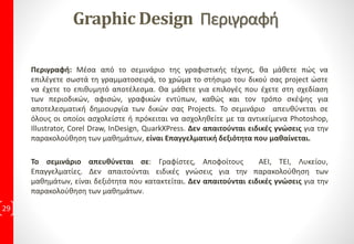 5η Εκπαιδευτική Συνάντηση:
• Μάθημα 17: Αλλαγή Στυλ Πίνακα
Πρακτική Εφαρμογή με 4 Ασκήσεις
• Μάθημα 18: Στηλοθέτες
Πρακτική Εφαρμογή με 10 Ασκήσεις
• Μάθημα 19: Εικόνες
Πρακτική Εφαρμογή με 10 Ασκήσεις
• Μάθημα 20: Εφέ Εικόνας
Πρακτική Εφαρμογή με 4 Ασκήσεις
6η Εκπαιδευτική Συνάντηση:
• Μάθημα 21: Πρότυπες Σελίδες
Πρακτική Εφαρμογή με 7 Ασκήσεις
• Μάθημα 22: Αναπαραγωγή Στοιχείων
Πρακτική Εφαρμογή με 8 Ασκήσεις
• Μάθημα 23: Στοίχιση και Κατανομή
Πρακτική Εφαρμογή με 4 Ασκήσεις
• Μάθημα 24: Στρώσεις
Πρακτική Εφαρμογή με 3 Ασκήσεις
7η Εκπαιδευτική Συνάντηση:
• Μάθημα 25: Φύλλα Στυλ
Πρακτική Εφαρμογή με 3 Ασκήσεις
• Μάθημα 26: Εκτύπωση
Πρακτική Εφαρμογή με 4 Ασκήσεις
• Μάθημα 27: Σχεδιασμός Ιστοσελίδας
Μάθημα 28: Επιλογή Χρωμάτων
• Μάθημα 29: Σελιδοδείκτες και Υπερσυνδέσμους
8η Εκπαιδευτική Συνάντηση:
• Μάθημα 30: Δημιουργία Αλληλεπιδραστικής Εικόνας
• Μάθημα 31: Εξαγωγή
Πρακτική Εφαρμογή με 2 Ασκήσεις
• Μάθημα 31: Θεωρητικό Τεστ
9η Εκπαιδευτική Συνάντηση:
• Εργασία, με προτεινόμενη θεματολογία από τον
Εκπαιδευόμενο
10η Εκπαιδευτική Συνάντηση:
• Εργασία, με προτεινόμενη θεματολογία από τον
Εκπαιδευόμενο
29
11η: Τελική Εξέταση που οδηγεί στην
Πιστοποίηση Ε.Ο.Π.Π.Ε.Π
Σύνολο Ασκήσεων της
Εκπαιδευτικής ύλης: 125
Σύνολο Ασκήσεων Μαθημάτων : 117
Επαναληπτικές Ασκήσεις - Test: 8
 