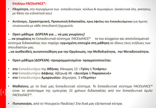 3
O Εκπαιδευτικός όμιλος FACEtoFACE® ξεκίνησε να λειτουργεί από το 1984. Έχοντας εκπαιδεύσει και πιστοποιήσει μέχρι
σήμερα αρκετές 1000δες σπουδαστές. Από την πρώτη στιγμή λειτουργίας του επένδυσε και εξακολουθεί να επενδύει στον
Άνθρωπο “ΣΠΟΥΔΑΣΤΗ", τόσο στη φροντίδα καθενός σπουδαστή ξεχωριστά, όσο και στην καλύτερη ομάδα καθηγητών.
Επιλέγω FACEtoFACE®:
• 31 Χρόνια Εκπαιδευτικής εμπειρίας στην Πληροφορική & στις Νέες Τεχνολογίες
• Authorized Training & Certification Centers E.O.P.P.E.P |Ως εκπαιδευτικό αλλά και εξεταστικό
κέντρο Authorized Training & Certification Centers E.O.P.P.E.P που είμαστε είναι πλεονέκτημα
για τον εκπαιδευόμενο, διότι ο E.O.P.P.E.P , εποπτεύει αυστηρά:
• τους Καθηγητές μας , το εκπαιδευτικό μας υλικό, το σύστημα διδασκαλίας μας
• Επέλεξε, συχνότητα παρακολούθησης: ( με χρονοδιάγραμμα-, )  2 φορές,  3 φορές,  5 φορές (ή και
συνδυαστικά
• Επέλεξε, ποιες; ημέρες σε εξυπηρετούν για την παρακολούθηση των μαθημάτων σου!
 Δευτέρα  Τρίτη  Τετάρτη  Πέμπτη  Παρασκευή
• Επέλεξε ποια / ποιες; Εκπαιδευτικές ζώνες παρακολούθησης σε εξυπηρετούν!
2ωρο:  10-12,  12-2,  3-5,  5-7,  7-9 4ωρο:  10-2,  3-7,  5-9
• Ξεκινάς Άμεσα: Προγραμματισμένες ενάρξεις, κάθε εβδομάδα σε όλα μας τα Εκπαιδευτήριά μας, αλλά
επιλέγεις τις ημέρες που σε εξυπηρετούν.
• Εκπαιδευτήριο Αθήνας: Οι ενάρξεις πραγματοποιούνται: Τρίτη ή Τετάρτη
• Εκπαιδευτήριο Δάφνης: Οι ενάρξεις πραγματοποιούνται: Δευτέρα ή Παρασκευή
• Εκπαιδευτήριο Αμαρουσίου: Οι ενάρξεις πραγματοποιούνται: Πέμπτη
 