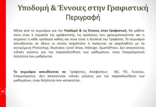 ΔιδακτικήΎλη ανά ΕκπαιδευτικήΕνότητα
40
Τυπογραφική Τέχνη 4ώρες Εκπαιδευτικές Συναντήσεις
1η Εκπαιδευτική Συνάντηση:
• Μάθημα 1:Εισαγωγή
Πρακτική Εφαρμογή με 3 Ασκήσεις
• Μάθημα 2:Τυπογραφικά Στοιχεία
Πρακτική Εφαρμογή με 3 Ασκήσεις
• Μάθημα 3:Γραμματοσειρά & Τυπογραφικά Στοιχεία
Πρακτική Εφαρμογή με 3 Ασκήσεις
• Μάθημα 4:Ανατομία Τυπογραφικών Στοιχείων
Πρακτική Εφαρμογή με 3 Ασκήσεις
• Μάθημα 5:Μελέτη Τυπογραφικών Στοιχείων
Πρακτική Εφαρμογή με 4 Ασκήσεις
• Μάθημα 6:Κατηγορίες Γραμματοσειρών
Πρακτική Εφαρμογή με 2 Ασκήσεις
2η Εκπαιδευτική Συνάντηση:
• Μάθημα 7:Block&Serif Γραμματοσειρές
Πρακτική Εφαρμογή με 2 Ασκήσεις
• Μάθημα 8:Serif Υποκατηγορίες & Παραλλαγές
Πρακτική Εφαρμογή με 3 Ασκήσεις
• Μάθημα 9:SansSerif Γραμματοσειρές & Παραλλαγές
Πρακτική Εφαρμογή με 3 Ασκήσεις
• Μάθημα10:Επιπλέον Παραλλαγές & Γραμματοσειρές
Πρακτική Εφαρμογή με 3 Ασκήσεις
• Μάθημα 11:Στοιχειοθεσία & Οικογένειες γραμματοσειρών
Πρακτική Εφαρμογή με 2 Ασκήσεις
• Μάθημα 12:Ιεραρχία Κειμένου & Στοιχεία στη Σελίδα
Πρακτική Εφαρμογή με 3 Ασκήσεις
• Μάθημα 13:Αριθμοί
Πρακτική Εφαρμογή με 2 Ασκήσεις
3η Εκπαιδευτική Συνάντηση:
• Μάθημα 14:Αρχιγράμματα
Πρακτική Εφαρμογή με 2 Ασκήσεις
• Μάθημα 15:Διάστιχο, Αραίωση, Διάκενο
Πρακτική Εφαρμογή με 3 Ασκήσεις
• Μάθημα 16:Overprint&KnockOut
Πρακτική Εφαρμογή με 3 Ασκήσεις
• Μάθημα 17:Δημιουργία Γραμματοσειρών & Τυπογραφικών Στοιχείων
Πρακτική Εφαρμογή με 2 Ασκήσεις
• Μάθημα 18:Τεχνικές Εκτύπωσης
Πρακτική Εφαρμογή με 2 Ασκήσεις
• Μάθημα 19:Μετεκτυπωτικές Τεχνικές
Πρακτική Εφαρμογή με 2 Ασκήσεις
4η Εκπαιδευτική Συνάντηση:
• Εργασία, με προτεινόμενη θεματολογία από τον Εκπαιδευόμενο
5η Εκπαιδευτική Συνάντηση:
• Εργασία, με προτεινόμενη θεματολογία από τον Εκπαιδευόμενο
6η: Τελική Εξέταση που οδηγεί στην
Πιστοποίηση Ε.Ο.Π.Π.Ε.Π
 