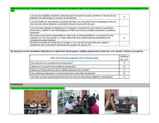 Seleccione con una X de las siguientes opciones aquellas que lograron tener una transformación educativa de aula en el uso pedagógico de las TIC: 
Los recursos digitales educativos utilizados para el proyecto de aula permiten un alcance de los objetivos de aprendizaje en el grupo de estudiantes 
X 
Las actividades de aprendizaje propuestas permiten una articulación tecno pedagógica entre los recursos educativos digitales y el problema situado del proyecto de aula 
Las terminales digitales entregadas por el programa computadores para educar le permitieron desarrollar y mediar la ruta metodológica con ABP para buscar posibles soluciones al problema planteado 
El proceso de formación desarrollado en este nivel, le permite establecer un proyecto de aula mediado con TIC que apunte a un mejor desarrollo de la calidad educativa(estándares de competencia áreas básicas) 
X 
Durante el proceso de recolección se empleó o hizo uso de los terminales para registro y recolección de la información pertinente del proyecto de aula en TIC 
De acuerdo con los resultados obtenidos en la aplicación del proyecto, califique (seleccione) el ítem de 1 a 5 siendo 1 inferior y 5 superior: 
Ítem (Las mismas preguntas del Formulario N4) 
Califique de 1 a 5 
¿Se alcanzan las competencias propuestas? 
4 
¿Aporta a la solución del problema planteado? 
4 
¿Aporta al mejoramiento de la calidad educativa de la sede? 
3 
¿Se evidencia aceptación y comprensión por parte del estudiante? 
4 
¿Se hace un buen aprovechamiento de los recursos educativos digitales manejados? 
3 
EVIDENCIAS Fotos que evidencien la experiencia del proyecto (Máximo 4) 
 