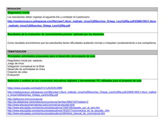 INDAGACION Diagnóstico inicial 
Los estudiantes deben ingresar al siguiente link y contestar el cuestionario: 
http://mediacionpucv.wikispaces.com/file/view/1.Alum_maltrato_ninos%28Sanchez_Ortega_Lera%295p.pdf/239061593/1.Alum_maltrato_ninos%28Sanchez_Ortega_Lera%295p.pdf 
Resultados de la evaluación de conocimientos previos aplicada por los docentes 
Como resultado encontramos que los estudiantes tienen dificultades acatando normas e irrespetan constantemente a sus compañeros. 
TEMATIZACION Principales actividades propuestas para el desarrollo del proyecto de aula 
Diagnóstico inicial pre -saberes. 
Juego de inicio 
Indagación conceptual en la Web 
Desarrollo de actividades en línea 
Creación de video 
Evaluación 
Selección y análisis de los contenidos educativos digitales y herramientas TIC utilizadas para el proyecto de aula 
https://www.youtube.com/watch?v=LAOICItn3MM 
http://mediacionpucv.wikispaces.com/file/view/1.Alum_maltrato_ninos%28Sanchez_Ortega_Lera%295p.pdf/239061593/1.Alum_maltrato_ninos%28Sanchez_Ortega_Lera%295p.pdf 
http://definicion.mx/convivencia/ 
http://es.slideshare.net/emiliacris/convivencia-familiar-6962120?related=2 
http://www.educacionenvalores.org/Convivencia-escolar.html 
http://www.educaplay.com/es/recursoseducativos/1546195/respeto_por_el_otro.htm 
http://www.educaplay.com/es/recursoseducativos/1632317/convivencia_en_la_escuela_.htm 
http://www.educaplay.com/es/recursoseducativos/39434/el_manual_de_convivencia.htm  