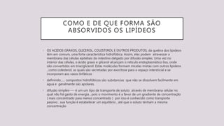 COMO E DE QUE FORMA SÃO
ABSORVIDOS OS LIPÍDEOS
• OS ACIDOS GRAXOS, GLICEROL, COLESTEROL E OUTROS PRODUTOS, da quebra dos lipídeos
têm em comum, uma forte característica hidrofóbica. Assim, eles podem atravessar a
membrana das células epiteliais do intestino delgado por difusão simples. Uma vez no
interior das células, o ácido graxo e glicerol alcançam o retículo endoplasmático liso, onde
são convertidos em triaciglicerol. Estas moléculas formam micelas mistas com outros lipídeos
, como colesterol, as quais são secretadas por exocitose para o espaço intersticial e se
incorporam aos vasos linfáticos
• definindo...... compostos hidrofóbicos são substancias que não se dissolvem facilmente em
água e geralmente são apolares.
• difusão simples---- é um um tipo de transporte de soluto através de membrana celular no
qual não há gasto de energia , pois o movimento é a favor de um gradiente de concentração
( mais concentrado para menos concentrado ) por isso é conhecido como transporte
passivo , sua função é estabelecer um equilíbrio , até que o soluto tenham a mesma
concentração
 