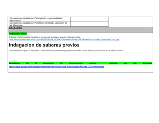 Competencias ciudadanas: Participación y responsabilidad democrática 
Competencias ciudadanas: Pluralidad, identidad y valoración de las diferencias 
INDAGACION Diagnóstico inicial Si tienes problemas para visualizar o enviar este formulario, puedes rellenarlo online: https://docs.google.com/forms/d/1hv5mFj121dEuJfX_iyQ6NOzzFpojabwrUfW4cCWeLRA/viewform?c=0&w=1&usp=mail_form_link Indagacion de saberes previos Los estudiantes del grado 2° ingresarán a este formulario y responderán preguntas relacionadas con los saberes previos acerca de sus hábitos lectores. 
Resultados de la evaluación de conocimientos previos aplicada por los docentes https://docs.google.com/spreadsheets/d/1bVBvcclGzD4azi8_hUUKOja29tcAGk7Ek_FCCenfnO8/edit 
 