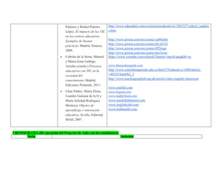 Palmero y Rafael Palomo López, El impacto de las TIC en los centros educativos. Ejemplos de buenas prácticas, Madrid, Síntesis, 2009.  Cebrián de la Serna, Manuel y María Jesús Gallego Arrufat (coords.) Procesos educativos con TIC en la sociedad del conocimiento, Madrid, Ediciones Pirámide, 2011.  Chan Núñez, María Elena, Lourdes Galeana de la O y María Soledad Rodríguez Montoya, Objetos de aprendizaje e innovación educativa, Sevilla, Editorial MAD, 2007. 
http://www.educaplay.com/es/recursoseducativos/1485327/school_supplies.htm. 
http://www.pixton.com/mx/comic/vp80cnhr 
http://www.pixton.com/mx/comic/thvyb332 
http://www.pixton.com/mx/comic/tf29zign 
http://www.pixton.com/mx/comic/tna7uvaz 
https://www.youtube.com/schools?feature=inp-bl-paq&hl=es 
www.theteachersguide.com 
http://www.colombiaaprende.edu.co/html/TVeducativa/1600/article- 140243.html#h2_3 
http://www.teachingenglish.org.uk/article/video-english-classroom 
www.starfall.com 
www.bygosh.com 
www.mightybook.com 
www.teachchildrenesl.com 
www.englishclub.com 
www.kidshealth.com 
CRONOGRAMA (De ejecución del Proyecto de Aula con los estudiantes): Fecha Actividad  