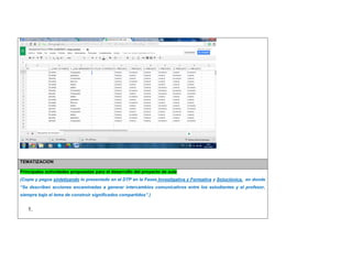 TEMATIZACION Principales actividades propuestas para el desarrollo del proyecto de aula 
(Copie y pegue sintetizando lo presentado en el DTP en la Fases Investigativa y Formativa y Soluciónica, en donde “Se describen acciones encaminadas a generar intercambios comunicativos entre los estudiantes y el profesor, siempre bajo el lema de construir significados compartidos”.) 
1.  