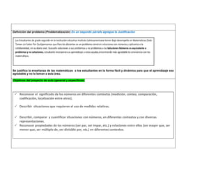 Definición del problema (Problematización) En un segundo párrafo agregue la Justificación 
Se justifica la enseñanza de las matemáticas a los estudiantes en la forma fácil y dinámica para que el aprendizaje sea agradable y no le teman a esta área. 
Objetivos del proyecto de aula (general y específicos) 
 Reconocer el significado de los números en diferentes contextos (medición, conteo, comparación, codificación, localización entre otros). 
 Describir situaciones que requieren el uso de medidas relativas. 
 Describir, comparar y cuantificar situaciones con números, en diferentes contextos y con diversas representaciones. 
 Reconocer propiedades de los números (ser par, ser impar, etc.) y relaciones entre ellos (ser mayor que, ser menor que, ser múltiplo de, ser divisible por, etc.) en diferentes contextos. 
 