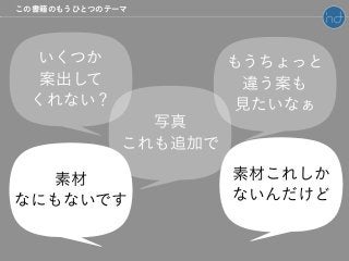 いくつか
案出して
くれない？
もうちょっと
違う案も
見たいなぁ
写真
これも追加で
素材これしか
ないんだけど
素材
なにもないです
この書籍のもうひとつのテーマ
 