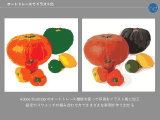 オートトレースでイラスト化
Adobe Illustratorのオートトレース機能を使って写真をイラスト風に加工
設定やスウォッチの組み合わせ方でさまざまな表現が作り出せる
 