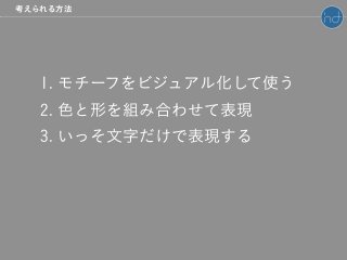 1. モチーフをビジュアル化して使う
2. 色と形を組み合わせて表現
3. いっそ文字だけで表現する
考えられる方法
 