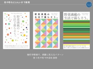 幾何学模様で、綺麗に見えるパターン
使う色や形で内容を表現
色や形などふんいきで表現
 