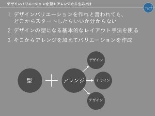 1. デザインバリエーションを作れと言われても、
どこからスタートしたらいいか分からない
2. デザインの型になる基本的なレイアウト手法を使る
3. そこからアレンジを加えてバリエーションを作成
デザインバリエーションを型＋アレンジから生み出す
型
デザイン
デザイン
デザイン
アレンジ
 