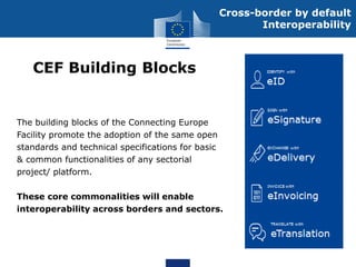 CEF Building Blocks
The building blocks of the Connecting Europe
Facility promote the adoption of the same open
standards and technical specifications for basic
& common functionalities of any sectorial
project/ platform.
These core commonalities will enable
interoperability across borders and sectors.
Cross-border by default
Interoperability
 