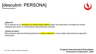 Congreso Internacional de Educadores
Innovación en educación - 2019
[descubrir: PERSONA]
Juan Gasca y Rafael Zaragozá. Designpedia.
¿Qué es?
Es la creación de un arquetipo de nuestro target objetivo según las entrevistas y el trabajo de campo
realizado para tener un conocimiento más personal y profundo.
¿Cómo se hace?
Para construir esta herramienta generamos cuatro cuadrantes, en los cuales colocaremos la siguiente
información:
 