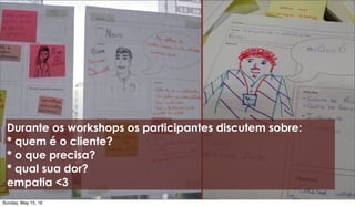 Durante os workshops os participantes discutem sobre:
* quem é o cliente?
* o que precisa?
* qual sua dor?
empatia <3
Sund...