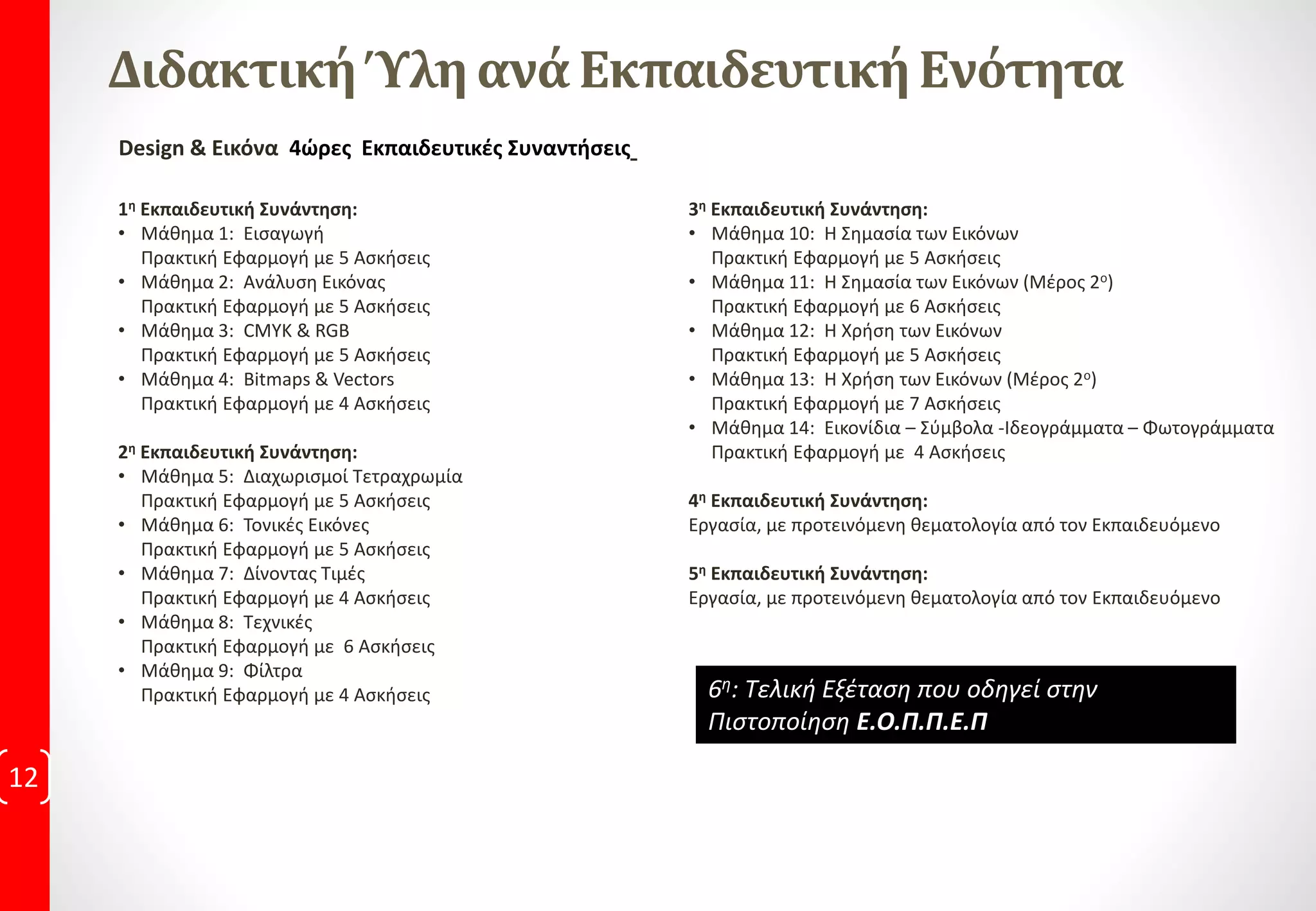 ΔιδακτικήΎλη ανά ΕκπαιδευτικήΕνότητα
12
Design & Εικόνα 4ώρες Εκπαιδευτικές Συναντήσεις
1η Εκπαιδευτική Συνάντηση:
• Μάθημα 1: Εισαγωγή
Πρακτική Εφαρμογή με 5 Ασκήσεις
• Μάθημα 2: Ανάλυση Εικόνας
Πρακτική Εφαρμογή με 5 Ασκήσεις
• Μάθημα 3: CMYK & RGB
Πρακτική Εφαρμογή με 5 Ασκήσεις
• Μάθημα 4: Bitmaps & Vectors
Πρακτική Εφαρμογή με 4 Ασκήσεις
2η Εκπαιδευτική Συνάντηση:
• Μάθημα 5: Διαχωρισμοί Τετραχρωμία
Πρακτική Εφαρμογή με 5 Ασκήσεις
• Μάθημα 6: Τονικές Εικόνες
Πρακτική Εφαρμογή με 5 Ασκήσεις
• Μάθημα 7: Δίνοντας Τιμές
Πρακτική Εφαρμογή με 4 Ασκήσεις
• Μάθημα 8: Τεχνικές
Πρακτική Εφαρμογή με 6 Ασκήσεις
• Μάθημα 9: Φίλτρα
Πρακτική Εφαρμογή με 4 Ασκήσεις
3η Εκπαιδευτική Συνάντηση:
• Μάθημα 10: Η Σημασία των Εικόνων
Πρακτική Εφαρμογή με 5 Ασκήσεις
• Μάθημα 11: Η Σημασία των Εικόνων (Μέρος 2ο)
Πρακτική Εφαρμογή με 6 Ασκήσεις
• Μάθημα 12: Η Χρήση των Εικόνων
Πρακτική Εφαρμογή με 5 Ασκήσεις
• Μάθημα 13: Η Χρήση των Εικόνων (Μέρος 2ο)
Πρακτική Εφαρμογή με 7 Ασκήσεις
• Μάθημα 14: Εικονίδια – Σύμβολα -Ιδεογράμματα – Φωτογράμματα
Πρακτική Εφαρμογή με 4 Ασκήσεις
4η Εκπαιδευτική Συνάντηση:
Εργασία, με προτεινόμενη θεματολογία από τον Εκπαιδευόμενο
5η Εκπαιδευτική Συνάντηση:
Εργασία, με προτεινόμενη θεματολογία από τον Εκπαιδευόμενο
6η: Τελική Εξέταση που οδηγεί στην
Πιστοποίηση Ε.Ο.Π.Π.Ε.Π
 