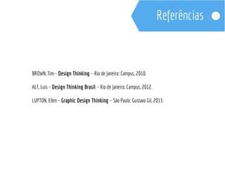 BROWN, Tim – Design Thinking – Rio de Janeiro: Campus, 2010. 
ALT, Luis – Design Thinking Brasil – Rio de Janeiro: Campus, 2012. 
LUPTON, Ellen – Graphic Design Thinking – São Paulo: Gustavo Gil, 2013. 
 
