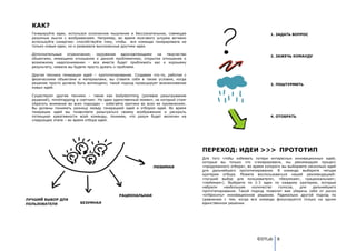 КАК?
  Генерируйте идеи, используя осознанное мышление и бессознательное, совмещая                                          1. ЗАДАТЬ ВОПРОС
  разумные мысли с воображением. Например, во время мозгового штурма активно
  используйте синергию: способствуйте тому, чтобы вся команда генерировала не
  только новые идеи, но и развивала высказанные другими идеи.

  Дополнительные    ограничения;    окружение    вдохновляющими на творчество
                                                                                                                       2. ЗАЖЕЧЬ КОМАНДУ
  объектами, имеющими отношение к данной проблематике; открытое отношение к
  возможному недопониманию – все вместе будет приближать вас к хорошему
  результату, нежели вы будете просто думать о проблеме.

  Другая техника генерации идей – прототипирование. Создавая что-то, работая с
  физическими объектами и материалами, вы ставите себя в такие условия, когда
  решение просто должно быть воплощено; такой подход провоцирует возникновение                                         3. ПОШТУРМИТЬ
  новых идей.

  Существуют другие техники – такие как bodystorming (ролевое разыгрывание
  решений), mindmapping и скетчинг. Но один единственный момент, на который стоит
  обратить внимание во всех подходах – избегайте критики во всех ее проявлениях.
  Вы должны понимать разницу между генерацией идей и отбором идей. Во время
  генерации идей вы позволяете разыграться своему воображению и раскрыть
  потенциал креативности всей команды, понимая, что разум будет включен на                                             4. ОТОБРАТЬ
  следующем этапе – во время отбора идей.




                                                                                    ПЕРЕХОД: ИДЕИ >>> ПРОТОТИП
                                                                                    Для того чтобы избежать потери интересных инновационных идей,
                                                                                    которые вы только что сгенерировали, мы рекомендуем процесс
                                                                ЛЮБИМАЯ             «продуманного отбора», во время которого вы выбираете несколько идей
                                                                                    для дальнейшего прототипирования. В команде выберите четыре
                                                                                    критерия отбора. Можете воспользоваться нашей рекомендацией:
                                                                                    «лучший выбор для пользователя», «безумная», «рациональная»;
                                                                                    «любимая»). Выберите по 2-3 идеи по каждому критерию, которые
                                                                                    набрали    наибольшее    количество    голосов,  для    дальнейшего
                                                                                    прототипирования. Такой подход позволит вам уберечь себя от риска
                                              РАЦИОНАЛЬНАЯ                          «отбросить» инновационное решение. Радикально другой подход по
ЛУЧШИЙ ВЫБОР ДЛЯ                                                                    сравнению с тем, когда вся команда фокусируется только на одном
ПОЛЬЗОВАТЕЛЯ              БЕЗУМНАЯ                                                  единственном решении.



                                                                                              На этапе «ФОКУС» вы сформулировали четкую задачу, которые
                                                                                        собираетесь решать, на этапе «ИДЕИ» вы фокусируетесь на решениях
                                                                                    этой задачи. Хорошо-сфокусированная и четко сформулированная задача
                                                                                          в формате POV поможет вам на этапе генерации идей. Это отличная
                                                                                         возможность проверить свое POV – будут ли получаться вопросы для
                                                                                                                 ©DTLab 8
                                                                                       мозгового штурма на основе вашего POV?! Лучший способ перехода на
                                                                                      следующий этап – это составить список вопросов для мозговых штурмов
                                                                                     на основе вашего POV в формате «Как мы можем …?» (“How-Might-We . .
 
