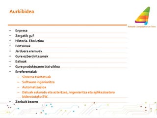 Aurkibidea Enpresa Zergatik gu? Historia. Eboluzioa Pertsonak Jarduera eremuak Gure ezberdintasunak Balioak Gure produktoaren bizi-zikloa Erreferentziak Sistema txertatuak Software ingeniaritza Automatizazioa Datuak eskuratu eta aztertzea, ingeniaritza eta aplikazioetara bideratutako SW. Zenbait bezero 