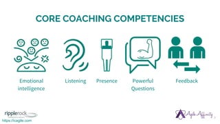 CORE COACHING COMPETENCIES
Emotional
intelligence
7
Listening Presence Powerful
Questions
Feedback
https://icagile.com
 