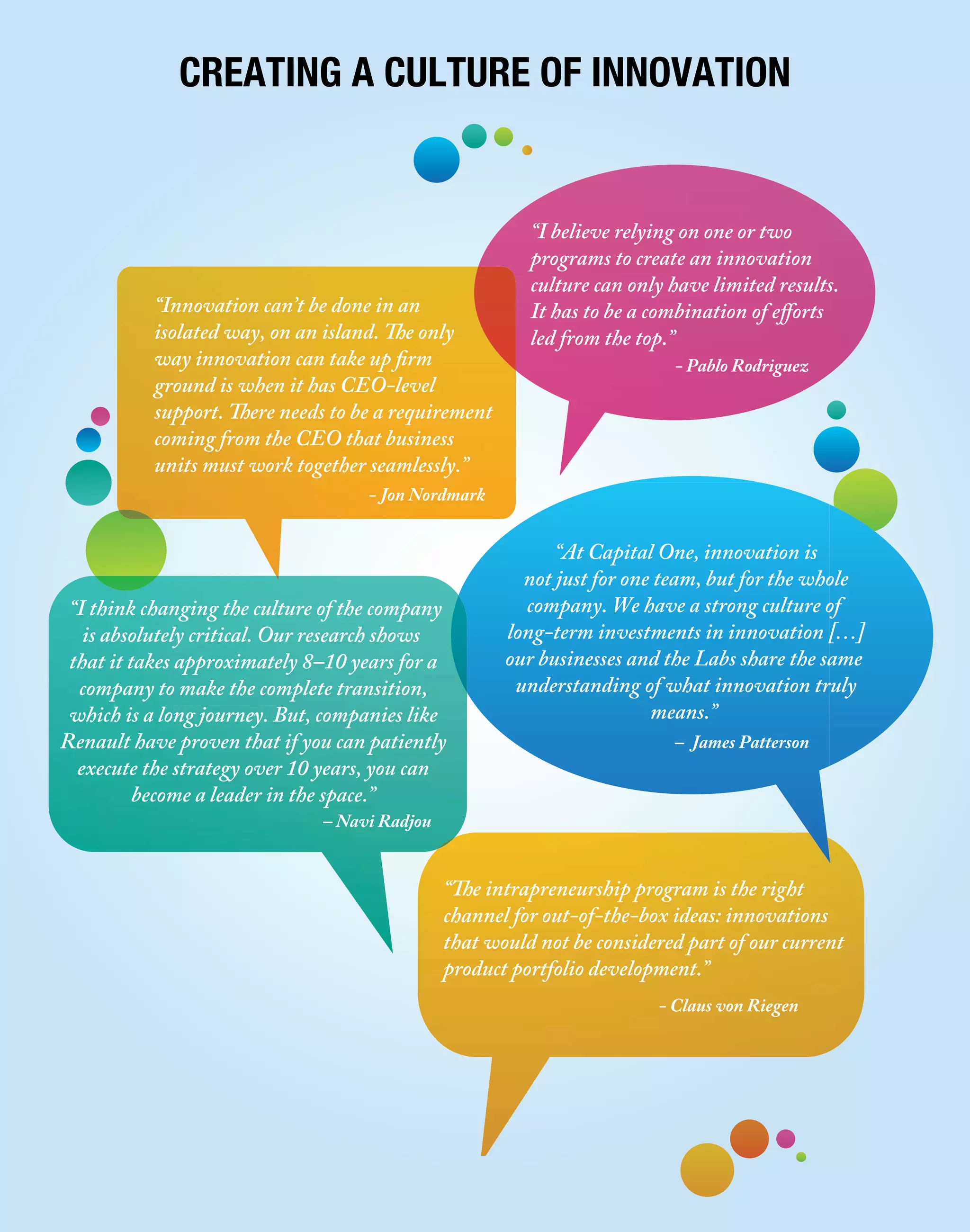 “I believe relying on one or two
programs to create an innovation
culture can only have limited results.
It has to be a combination of efforts
led from the top.”
“Financial Se
- Pablo Rodriguez
– James Patterson
el Botsman
“FFF“ inininananancicicialalal SSSFFFFFF eee
el Botsman
CREATING A CULTURE OF INNOVATION
“Innovation can’t be done in an
isolated way, on an island. The only
way innovation can take up firm
ground is when it has CEO-level
support. There needs to be a requirement
coming from the CEO that business
units must work together seamlessly.”
- Jon Nordmark
“At Capital One, innovation is
not just for one team, but for the whole
company. We have a strong culture of
long-term investments in innovation […]
our businesses and the Labs share the same
understanding of what innovation truly
means.”
“I think changing the culture of the company
is absolutely critical. Our research shows
that it takes approximately 8–10 years for a
company to make the complete transition,
which is a long journey. But, companies like
Renault have proven that if you can patiently
execute the strategy over 10 years, you can
become a leader in the space.”
– Navi Radjou
“The intrapreneurship program is the right
channel for out-of-the-box ideas: innovations
that would not be considered part of our current
product portfolio development.”
- Claus von Riegen
 