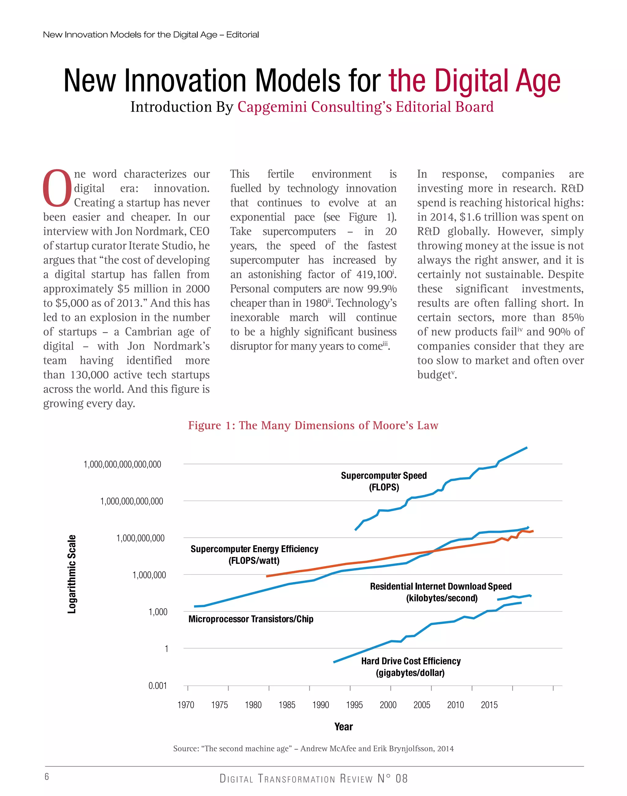 6 DIGITAL TRANSFORMATION REVIEW N° 08
New Innovation Models for the Digital Age
Introduction By Capgemini Consulting’s Editorial Board
New Innovation Models for the Digital Age – Editorial
O
ne word characterizes our
digital era: innovation.
Creating a startup has never
been easier and cheaper. In our
interview with Jon Nordmark, CEO
of startup curator Iterate Studio, he
argues that “the cost of developing
a digital startup has fallen from
approximately $5 million in 2000
to $5,000 as of 2013.” And this has
led to an explosion in the number
of startups – a Cambrian age of
digital – with Jon Nordmark’s
team having identified more
than 130,000 active tech startups
across the world. And this figure is
growing every day.
Figure 1: The Many Dimensions of Moore’s Law
Source: “The second machine age” – Andrew McAfee and Erik Brynjolfsson, 2014
This fertile environment is
fuelled by technology innovation
that continues to evolve at an
exponential pace (see Figure 1).
Take supercomputers – in 20
years, the speed of the fastest
supercomputer has increased by
an astonishing factor of 419,100i
.
Personal computers are now 99.9%
cheaper than in 1980ii
. Technology’s
inexorable march will continue
to be a highly significant business
disruptor for many years to comeiii
.
In response, companies are
investing more in research. R&D
spend is reaching historical highs:
in 2014, $1.6 trillion was spent on
R&D globally. However, simply
throwing money at the issue is not
always the right answer, and it is
certainly not sustainable. Despite
these significant investments,
results are often falling short. In
certain sectors, more than 85%
of new products failiv
and 90% of
companies consider that they are
too slow to market and often over
budgetv
.
LogarithmicScale
1,000,000,000,000,000
1,000,000,000,000
1,000,000,000
1,000,000
1,000
1
0.001
Hard Drive Cost Efﬁciency
(gigabytes/dollar)
Microprocessor Transistors/Chip
Residential Internet Download Speed
(kilobytes/second)
Supercomputer Speed
(FLOPS)
Supercomputer Energy Efﬁciency
(FLOPS/watt)
Year
1970 1975 1980 1985 1990 1995 2000 2005 2010 2015
 