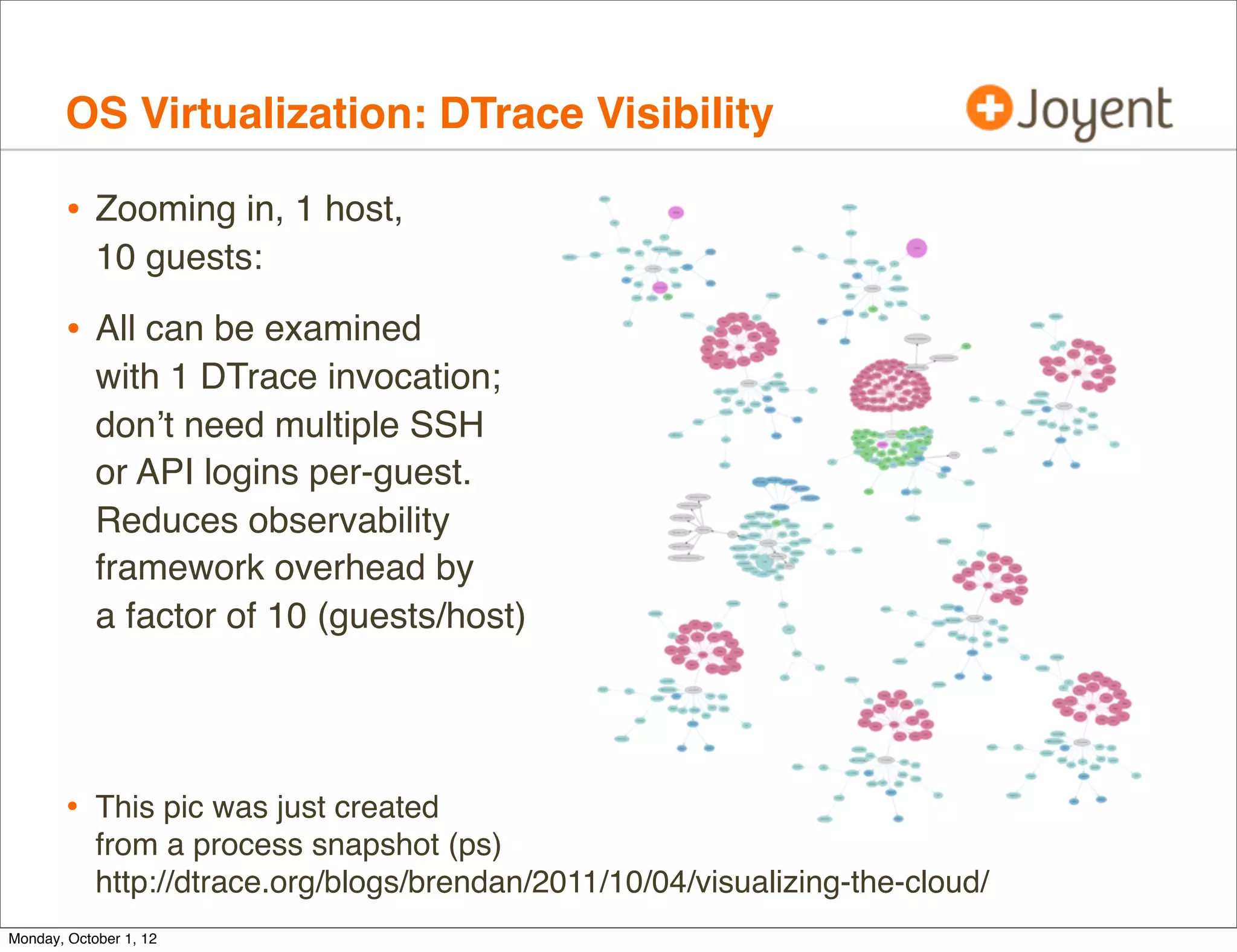 OS Virtualization: DTrace Visibility

        • Zooming in, 1 host,
            10 guests:

        • All can be examined
            with 1 DTrace invocation;
            don’t need multiple SSH
            or API logins per-guest.
            Reduces observability
            framework overhead by
            a factor of 10 (guests/host)




        • This pic was just created
            from a process snapshot (ps)
            http://dtrace.org/blogs/brendan/2011/10/04/visualizing-the-cloud/
Monday, October 1, 12
 