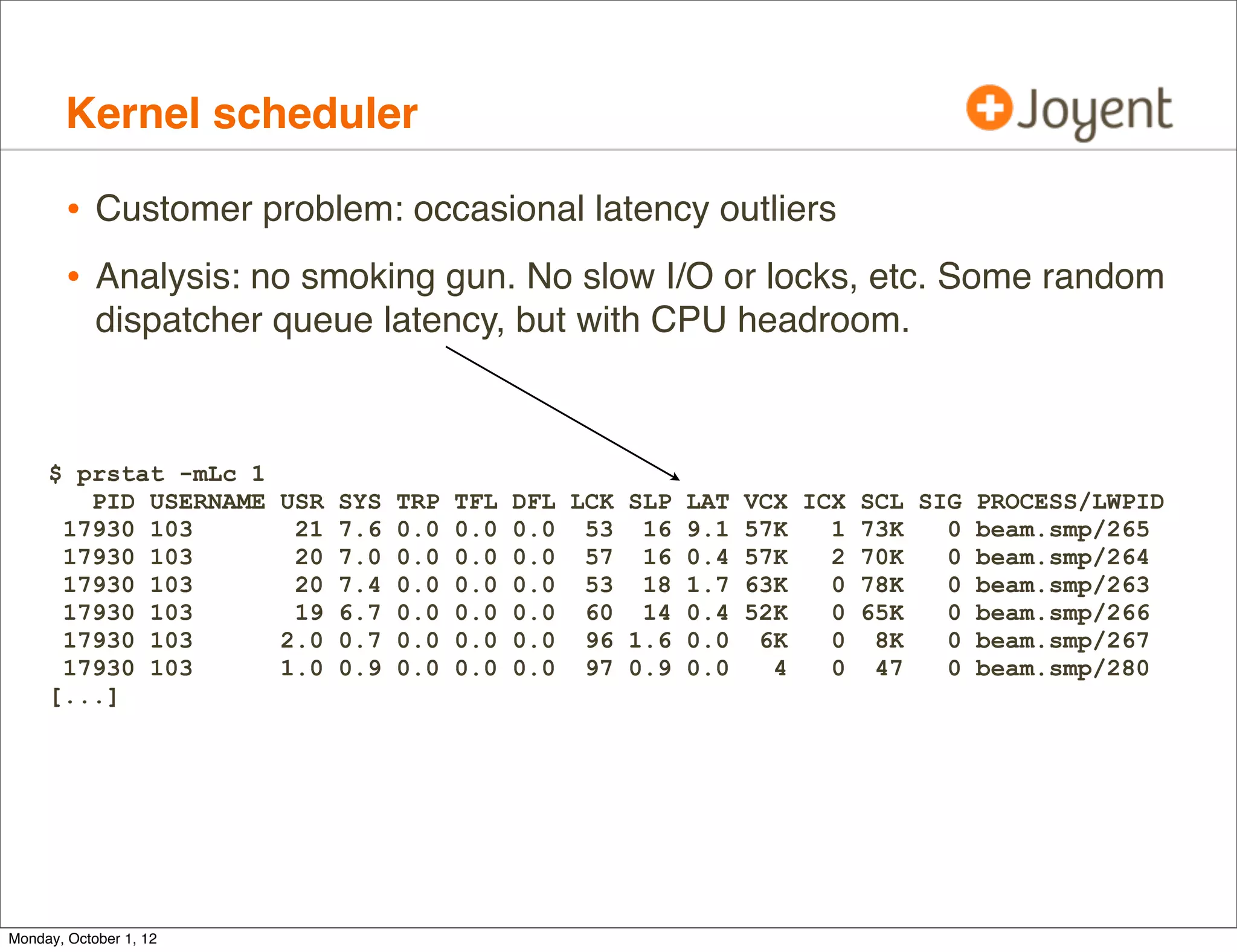 Kernel scheduler

        • Customer problem: occasional latency outliers
        • Analysis: no smoking gun. No slow I/O or locks, etc. Some random
            dispatcher queue latency, but with CPU headroom.



     $ prstat -mLc 1
        PID USERNAME USR SYS TRP TFL DFL LCK SLP LAT   VCX ICX SCL SIG PROCESS/LWPID
      17930 103       21 7.6 0.0 0.0 0.0 53 16 9.1     57K   1 73K   0 beam.smp/265
      17930 103       20 7.0 0.0 0.0 0.0 57 16 0.4     57K   2 70K   0 beam.smp/264
      17930 103       20 7.4 0.0 0.0 0.0 53 18 1.7     63K   0 78K   0 beam.smp/263
      17930 103       19 6.7 0.0 0.0 0.0 60 14 0.4     52K   0 65K   0 beam.smp/266
      17930 103      2.0 0.7 0.0 0.0 0.0 96 1.6 0.0     6K   0 8K    0 beam.smp/267
      17930 103      1.0 0.9 0.0 0.0 0.0 97 0.9 0.0      4   0 47    0 beam.smp/280
     [...]




Monday, October 1, 12
 