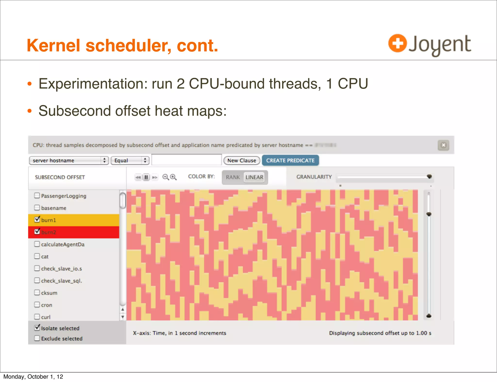 Kernel scheduler, cont.

        • Experimentation: run 2 CPU-bound threads, 1 CPU
        • Subsecond offset heat maps:




Monday, October 1, 12
 