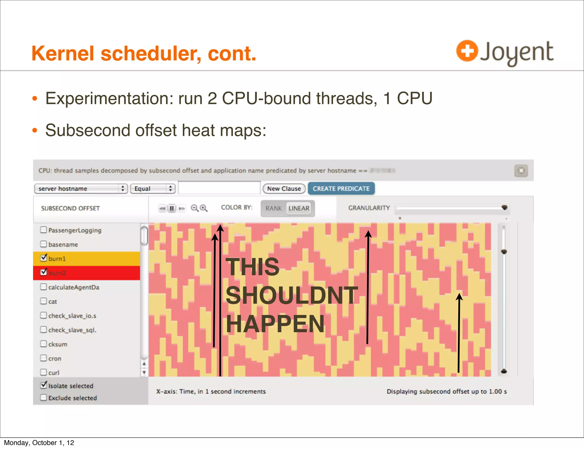 Kernel scheduler, cont.

        • Experimentation: run 2 CPU-bound threads, 1 CPU
        • Subsecond offset heat maps:




                               THIS
                               SHOULDNT
                               HAPPEN



Monday, October 1, 12
 