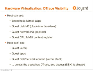 Hardware Virtualization: DTrace Visibility

        • Host can see:
                • Entire host: kernel, apps
                • Guest disk I/O (block-interface-level)
                • Guest network I/O (packets)
                • Guest CPU MMU context register
        • Host can’t see:
                • Guest kernel
                • Guest apps
                • Guest disk/network context (kernel stack)
                • ... unless the guest has DTrace, and access (SSH) is allowed
Monday, October 1, 12
 