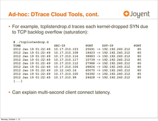 Ad-hoc: DTrace Cloud Tools, cont.

        • For example, tcplistendrop.d traces each kernel-dropped SYN due
            to TCP backlog overﬂow (saturation):

             # ./tcplistendrop.d
             TIME                   SRC-IP          PORT         DST-IP            PORT
             2012 Jan 19 01:22:49   10.17.210.103   25691   ->   192.192.240.212     80
             2012 Jan 19 01:22:49   10.17.210.108   18423   ->   192.192.240.212     80
             2012 Jan 19 01:22:49   10.17.210.116   38883   ->   192.192.240.212     80
             2012 Jan 19 01:22:49   10.17.210.117   10739   ->   192.192.240.212     80
             2012 Jan 19 01:22:49   10.17.210.112   27988   ->   192.192.240.212     80
             2012 Jan 19 01:22:49   10.17.210.106   28824   ->   192.192.240.212     80
             2012 Jan 19 01:22:49   10.12.143.16    65070   ->   192.192.240.212     80
             2012 Jan 19 01:22:49   10.17.210.100   56392   ->   192.192.240.212     80
             2012 Jan 19 01:22:49   10.17.210.99    24628   ->   192.192.240.212     80
             [...]



        • Can explain multi-second client connect latency.



Monday, October 1, 12
 