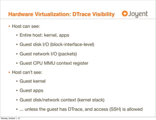 Hardware Virtualization: DTrace Visibility

        • Host can see:
                • Entire host: kernel, apps
          ...