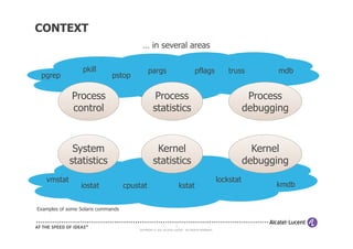 CONTEXT
                                          … in several areas

                  pkill                       pargs                             pflags             truss          mdb
 pgrep                        pstop

              Process                             Process                                                   Process
              control                            statistics                                                debugging



              System                              Kernel                                                     Kernel
             statistics                          statistics                                                debugging
   vmstat                                                                                       lockstat
                 iostat             cpustat                           kstat                                      kmdb


Examples of some Solaris commands


                                                                  5
                                        COPYRIGHT © 2011 ALCATEL-LUCENT. ALL RIGHTS RESERVED.
 