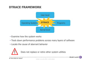 DTRACE FRAMEWORK

                                        User level



            Operating System             DTRACE                                    Programs


                                      Kernel level


• Examine how the system works
• Track down performance problems across many layers of software
• Locate the cause of aberrant behavior


           Does not replace or retire other system utilities

                                                     9
                           COPYRIGHT © 2011 ALCATEL-LUCENT. ALL RIGHTS RESERVED.
 