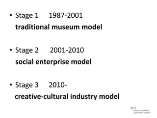 Stage 1  1987-2001  traditional museum model Stage 2   2001-2010  social enterprise model Stage 3  2010-  creative-cultural industry model 