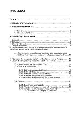 SOMMAIRE
___________________________________________________________________
1 - OBJET ……………………………………………………………………………………6
II - DOMAINE D'APPLICATION ……………………………………………..........……...6
III - CHARGES PERMANENTES ………………………………………………………….6
1 - Définition .:......................................................................………………….…6
2 - Cloisons de distribution …………………………………………………………6
IV - CHARGES D'EXPLOITATION ……………………………………………………….8
1- Généralité …………………………………………………………………………………8
2 - Définition ................................ .....................................................................………8
3 - Charges d’épreuves ............ ..........................................................................…...10
4 - Charges concentrées ........... .........................................................................…...10
5 - Incidence sur la valeur unitaire de la charge d'exploitation de I'étendue de la
surface intervenant dans le calcul de l’élément porteur .......................................…..11
.
5.1 - Cas des locaux susceptibles dune réduction pour grandes surfaces
(R.H) ou dune majoration éventuelle pour faibles surfaces (M.H) ....…..11
6 - Régression des charges d'exploitation en fonction du nombre d’étages …..……12
7 - Valeurs des charges d'exploitation fixées de façon générale…………………..…14
7.1 - Liste en fonction de la nature des locaux ........………………...........…...14
7.2 - Liste par type d'utilisation .........................................………………...…..17
7.2.1 - Bâtiments a usage d’habitation ......................…………………..17
7.2.2 - Bâtiments de bureaux ....................................……………….....18
7.2.3 - Bâtiments scolaires et universitaires ............…………………...19
7.2.4 - Bâtiments hospitaliers et dispensaires …………………………..20
7.2.5 - Bâtiments a usage sportif et d’éducation physique....................21
7.3 – Toitures ……………………………………………………………………….21
7.3.1 - Couvertures sur charpente ……………………………………….21
7.3.2 - Charges sur les couvertures en éléments autoportants ………22
7.3.3 - Terrasses et toitures recevant une étanchéité,
non accessibles aux usagers de I'immeuble …………………..22
RECHERCHE + INDEX IMPRIMER SORTIERETOURSOMMAIRE AIDE
 