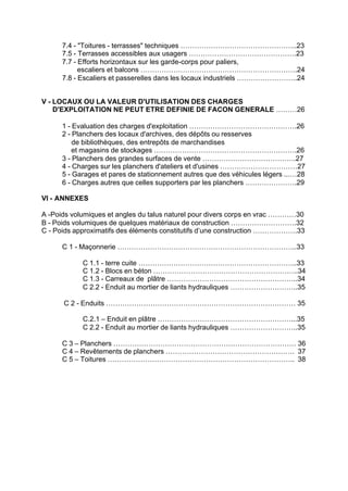 7.4 - "Toitures - terrasses" techniques …………………………………………..23
7.5 - Terrasses accessibles aux usagers ……………………………………….23
7.7 - Efforts horizontaux sur les garde-corps pour paliers,
escaliers et balcons ………………………………………………………….24
7.8 - Escaliers et passerelles dans les locaux industriels ……………………..24
V - LOCAUX OU LA VALEUR D'UTILISATION DES CHARGES
D'EXPLOITATION NE PEUT ETRE DEFINIE DE FACON GENERALE ………26
1 - Evaluation des charges d'exploitation ……………………………………….26
2 - Planchers des locaux d'archives, des dépôts ou resserves
de bibliothèques, des entrepôts de marchandises
et magasins de stockages …………………………………………………….26
3 - Planchers des grandes surfaces de vente ………………………………….27
4 - Charges sur les planchers d'ateliers et d'usines ……………………………27
5 - Garages et pares de stationnement autres que des véhicules légers ...…28
6 - Charges autres que celles supporters par les planchers ………………….29
VI - ANNEXES
A -Poids volumiques et angles du talus naturel pour divers corps en vrac …………30
B - Poids volumiques de quelques matériaux de construction ……………………….32
C - Poids approximatifs des éléments constitutifs d’une construction ……………….33
C 1 - Maçonnerie …………………………………………………………………..33
C 1.1 - terre cuite …………………………………………………………..33
C 1.2 - Blocs en béton ……………………………………………………..34
C 1.3 - Carreaux de plâtre ………………………………………………..34
C 2.2 - Enduit au mortier de liants hydrauliques ………………………..35
C 2 - Enduits ……………………………………………………………………… 35
C.2.1 – Enduit en plâtre …………………………………………………...35
C 2.2 - Enduit au mortier de liants hydrauliques ………………………..35
C 3 – Planchers …………………………………………………………………… 36
C 4 – Revêtements de planchers ………………………………………………. 37
C 5 – Toitures …………………………………………………………………….. 38
RECHERCHE + INDEX IMPRIMER SORTIERETOURSOMMAIRE AIDE
 