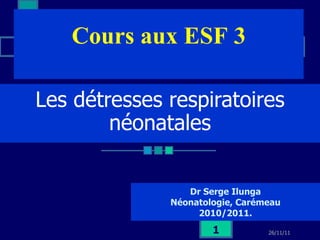 Les détresses respiratoires néonatales Dr Serge Ilunga Néonatologie, Carémeau 2010/2011. Cours aux ESF 3 