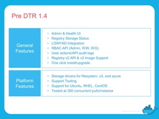 Pre DTR 1.4
General
Features
• Admin & Health UI
• Registry Storage Status
• LDAP/AD Integration
• RBAC API (Admin, R/W, R/O)
• User actions/API audit logs
• Registry v2 API & v2 Image Support
• One click install/upgrade
Platform
Features
• Storage drivers for filesystem, s3, and azure
• Support Tooling
• Support for Ubuntu, RHEL, CentOS
• Tested at 300 concurrent pulls/instance
 