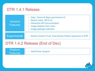 DTR 1.4.1 Release
General
Features
• Orgs, Teams & Repo permissions UI
• Search index, API & UI
• Interactive API documentation
• Image deletion from index
• Image garbage collection
Experimental • Docker Content Trust: View Docker Notary signatures in DTR
DTR 1.4.2 Release (End of Dec)
Platform
Features
• Swift Driver Support
 